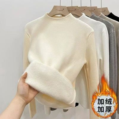 半高领针织毛衣女一体绒秋冬2025新款上衣加绒加厚打底衫女内搭潮
