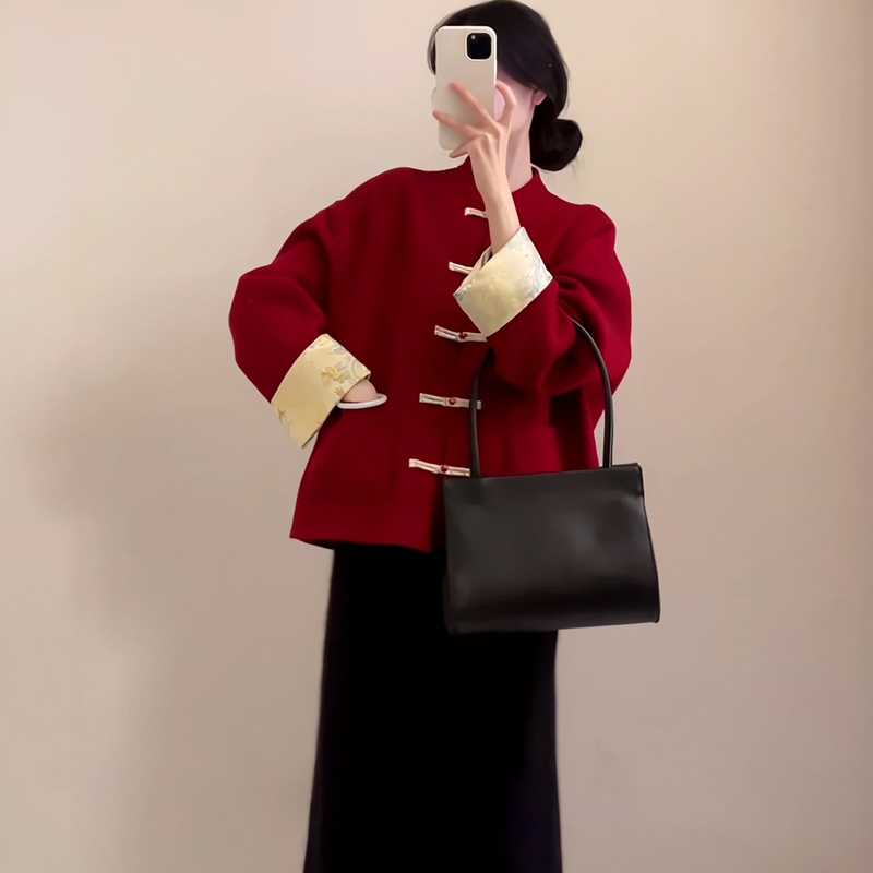 新中式国风红色毛呢外套上衣女冬季新款唐装新年红色大衣套装