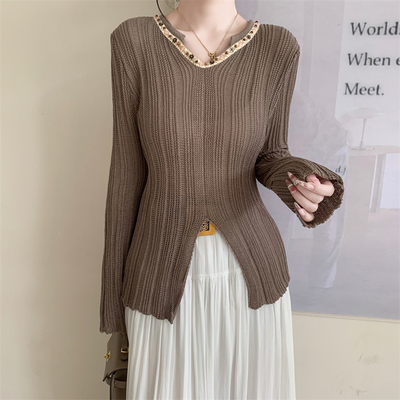 实拍~2025气质v领设计感长袖针织衫女早秋新款外穿修身开叉上衣