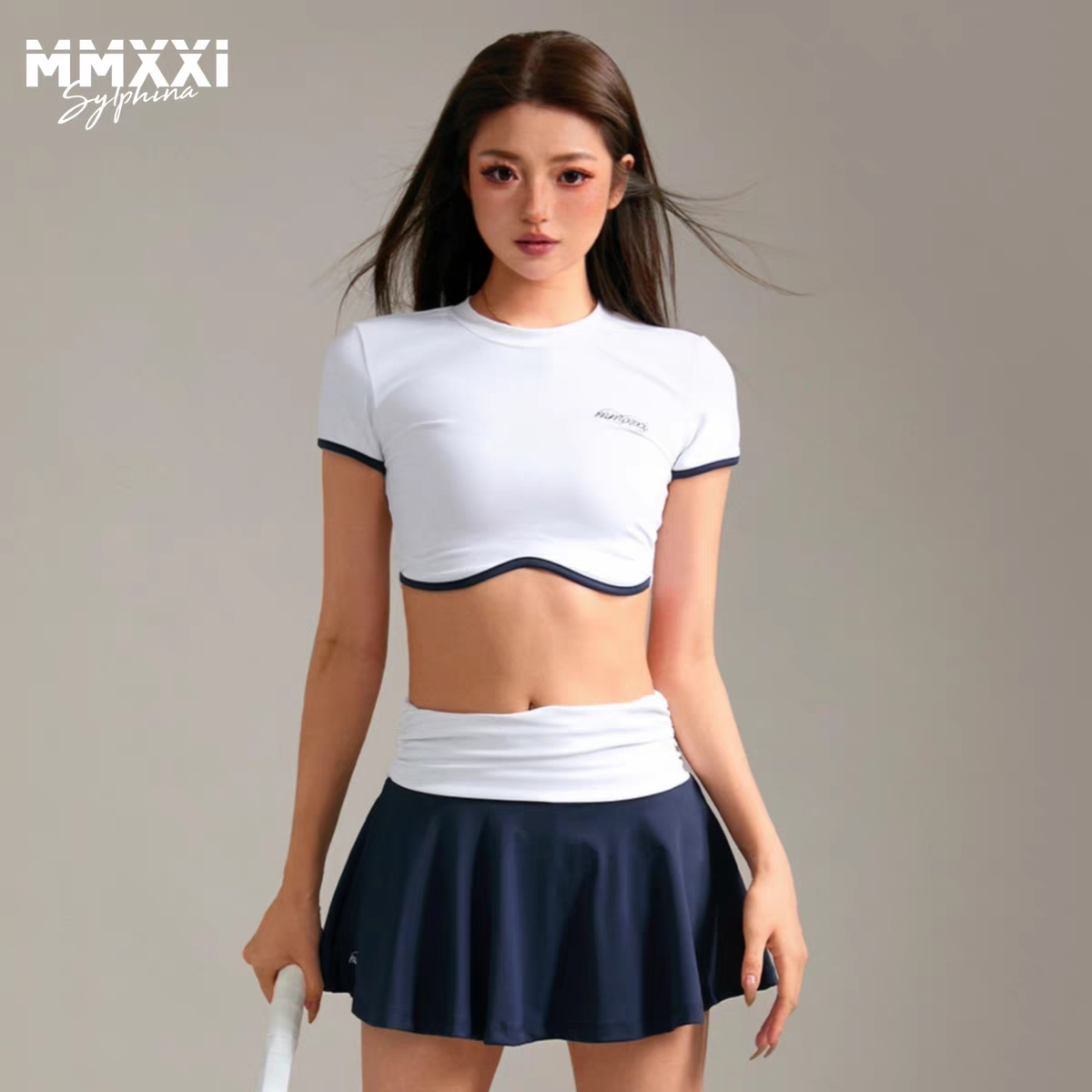 FreeSpin新款MMXXI海军白网球服短裙透气修身半裙温网运动套装女