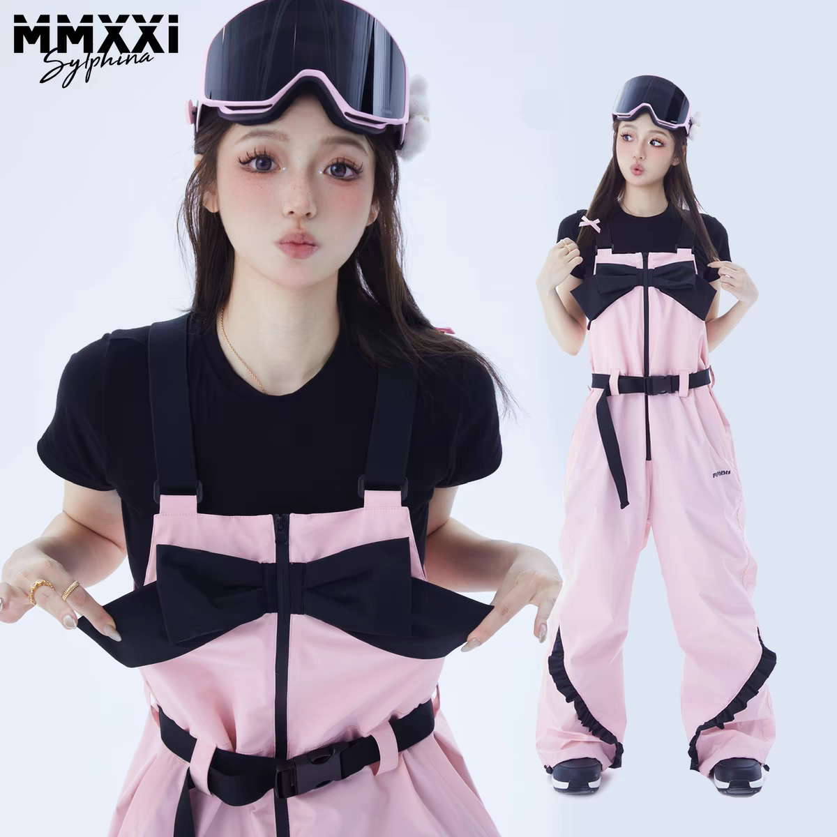 FreeSpin新款MMXXi专业滑雪背带雪裤女粉色单双板滑雪服套装防水