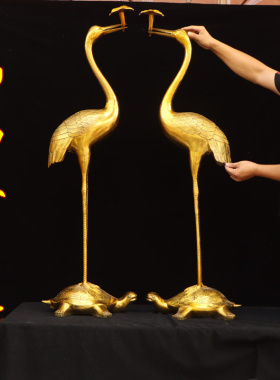 纯铜龟鹤灵芝仙鹤摆件踩龙龟乌龟一对门厅家用公司大号灵芝仙鹤铜