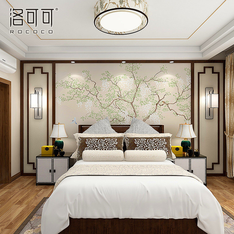 现代电视背景墙壁纸沙发客厅壁布卧室背景墙清新手绘墙纸壁画树