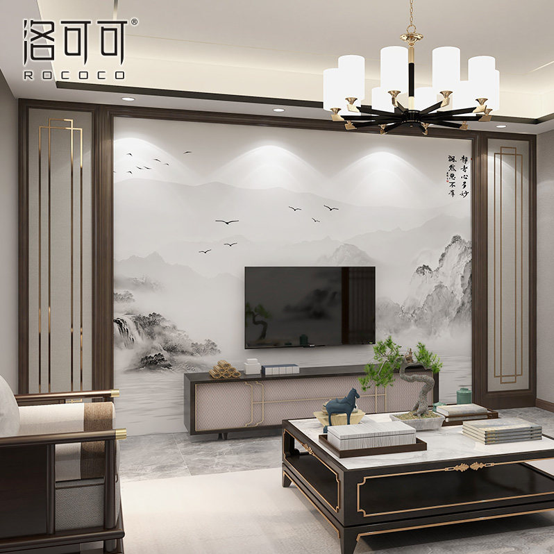 新中式轻奢电视背景墙壁纸客厅影视墙壁画整张写意山水画3d墙布