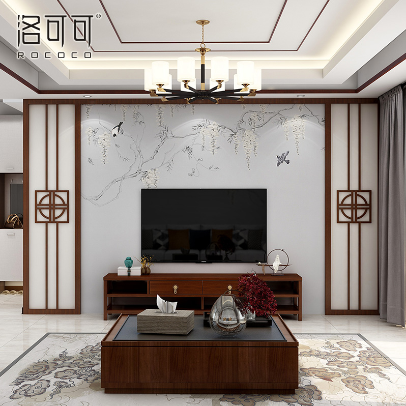 现代新中式电视背景墙壁纸客厅墙布卧室床头墙水墨淡雅工笔花鸟图