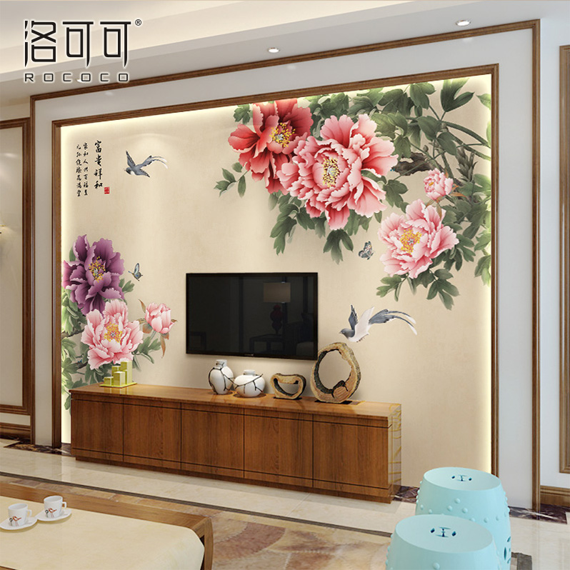 新中式电视背景墙壁纸客厅沙发影视墙牡丹花鸟墙纸3D墙布2025新款
