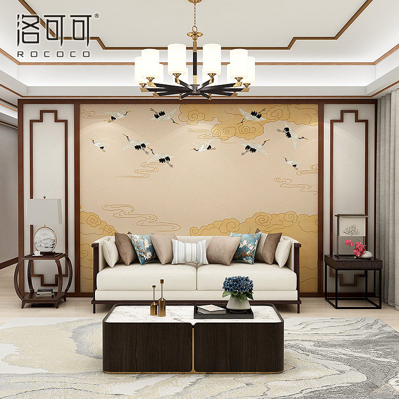 洛可可大气新中式客厅卧室背景墙壁纸3d整张壁画影视墙祥云仙鹤