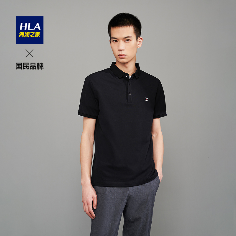 HLA/海澜之家黑色短袖POLO衫夏季卡通刺绣含新疆棉黑色套头T恤男