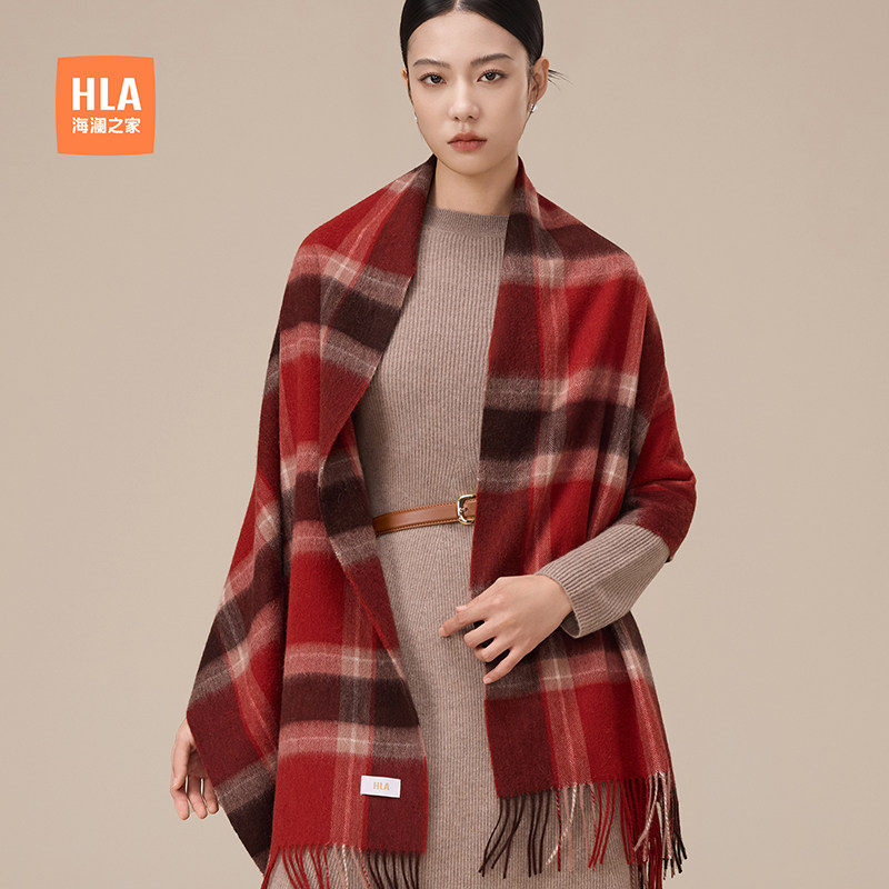 HLA/海澜之家女士绵羊毛围巾秋冬214情人节格子流苏披肩围脖礼