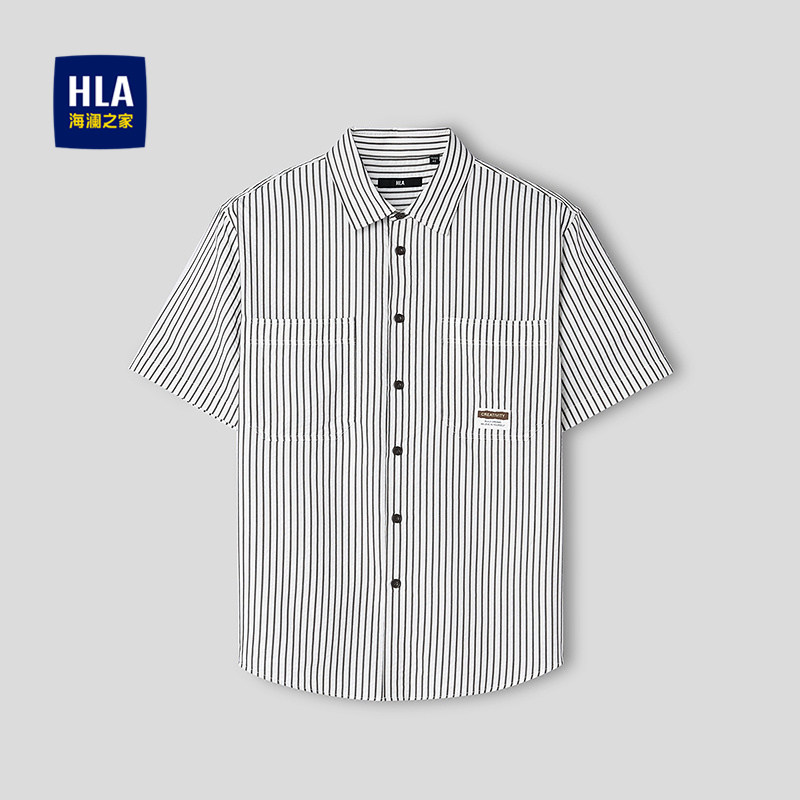 HLA/海澜之家撞色条纹短袖衬衫26春夏新方领宽松外套款柔软衬衣