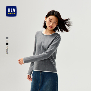 黑色通勤直筒保暖套头毛衣女装 秋新款 海澜之家撞色圆领针织衫 HLA