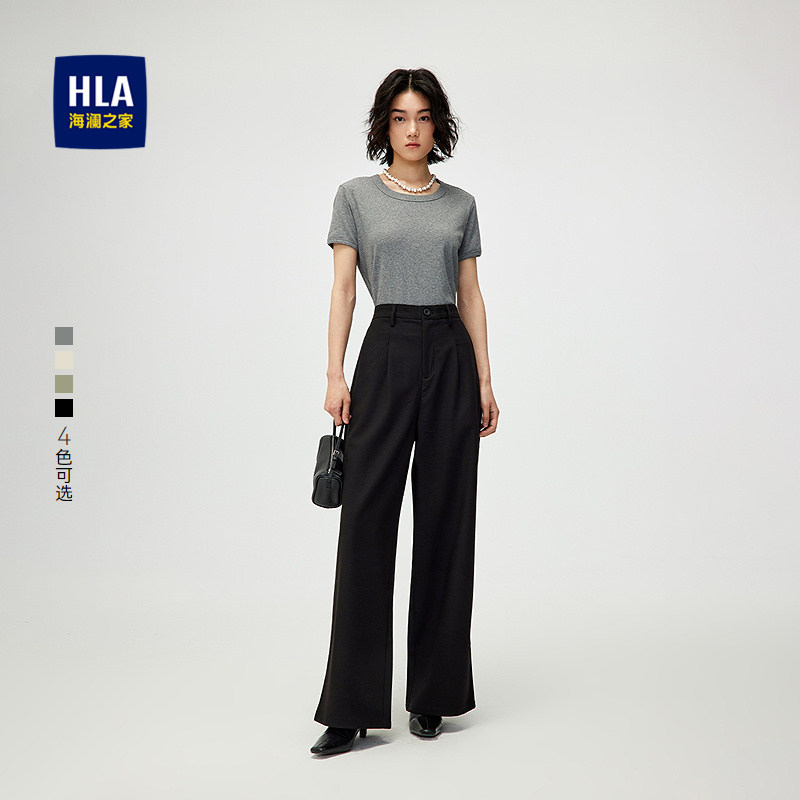 HLA/海澜之家时尚黑色短袖T恤2025春夏新款圆领弹力上衣直筒