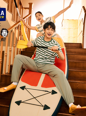 HLA/海澜之家艺术家ZOLA联名短袖T恤春夏撞色条纹绣花短t男