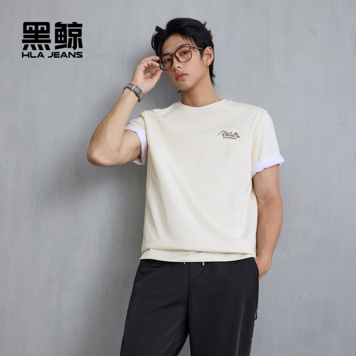 海澜之家旗下黑鲸字母绣花短袖T恤男2026年夏季新品合体圆领短t
