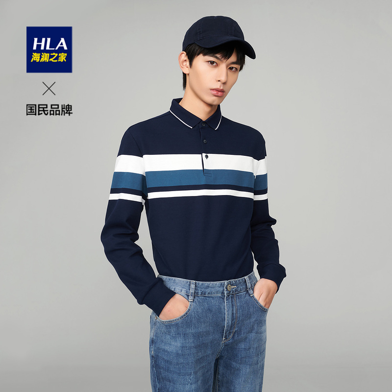 HLA/海澜之家撞色条纹长袖POLO衫2021春季新品新疆棉套头衫男