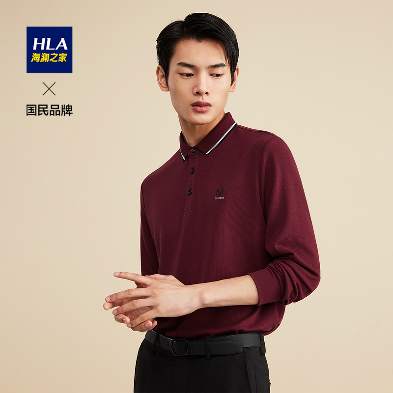 HLA/海澜之家领边撞色翻领长袖POLO2021秋季新款胸前刺绣打底衫男