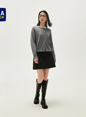 HLA/海澜之家微弹黑色针织开衫秋季新款通勤直筒保暖圆领外套女装