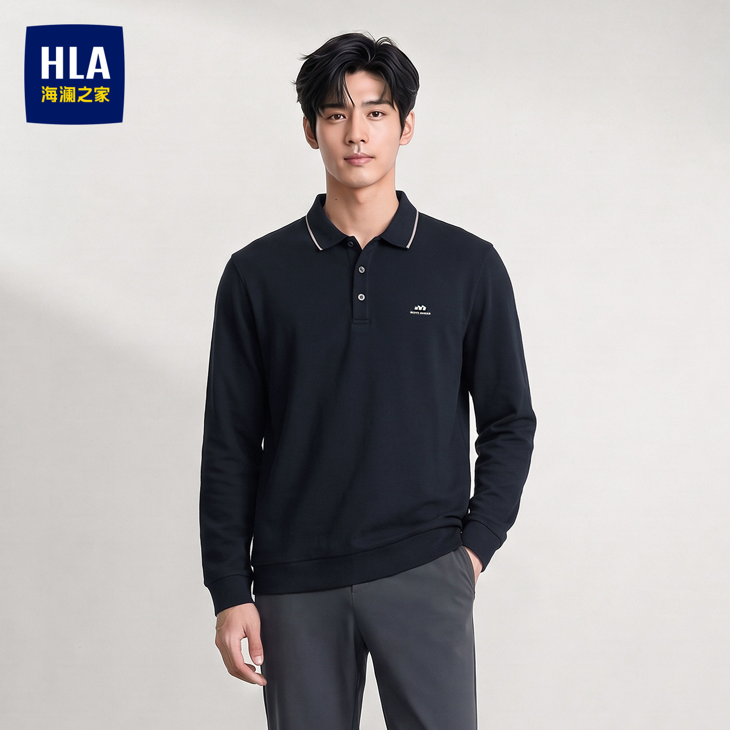 HLA/海澜之家商务休闲长袖POLO衫26秋新时尚高周波印花翻领上衣男