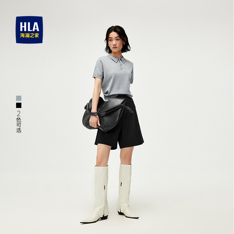 HLA/海澜之家polo领弹力短袖针织衫春夏新金属小标薄款毛衣女