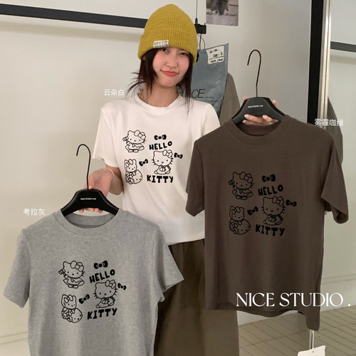奶思家NICE STUDIO-HelloKitty印花正肩弹力短袖T恤L3038不退换