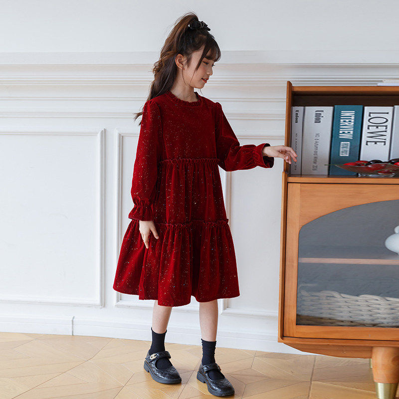 女童秋冬裙子酒红色连衣裙高端闪光公主裙气质立领中大童礼服裙子,童装/婴儿装/亲子装,连衣裙,淘宝优惠券,粉丝福利购,淘宝优惠卷