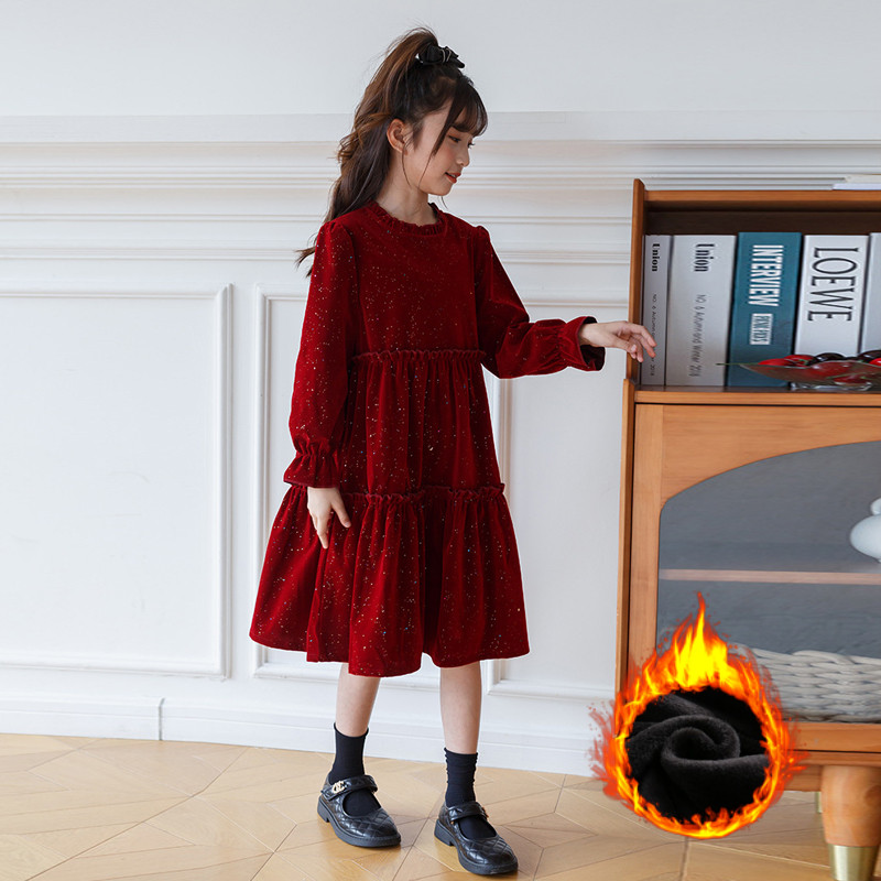 长袖秋冬季中大童立领喜庆连衣裙