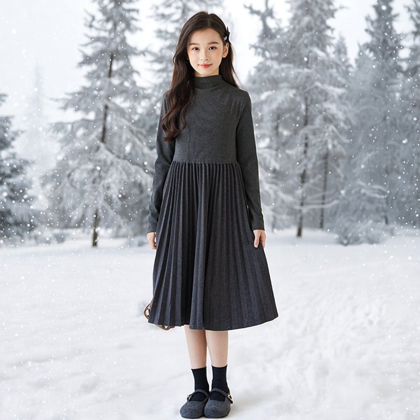小个子女生高领内搭裙子2025秋冬季女童捏褶收腰优雅中长裙连衣裙,童装/婴儿装/亲子装,连衣裙,淘宝优惠券,粉丝福利购,淘宝优惠卷