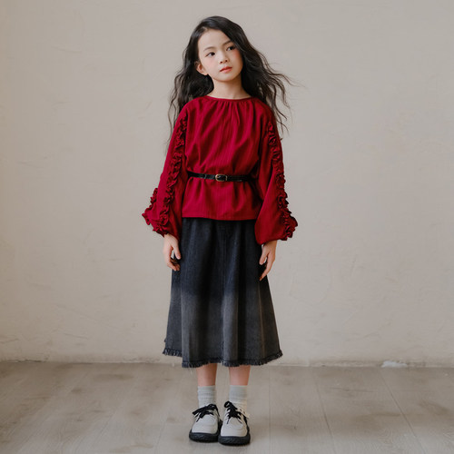 复古2024春款女童设计感牛仔裙子