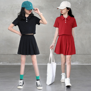 女童中大童套装夏季2023新款学生polo领裙裤jk制服网红公主两件套
