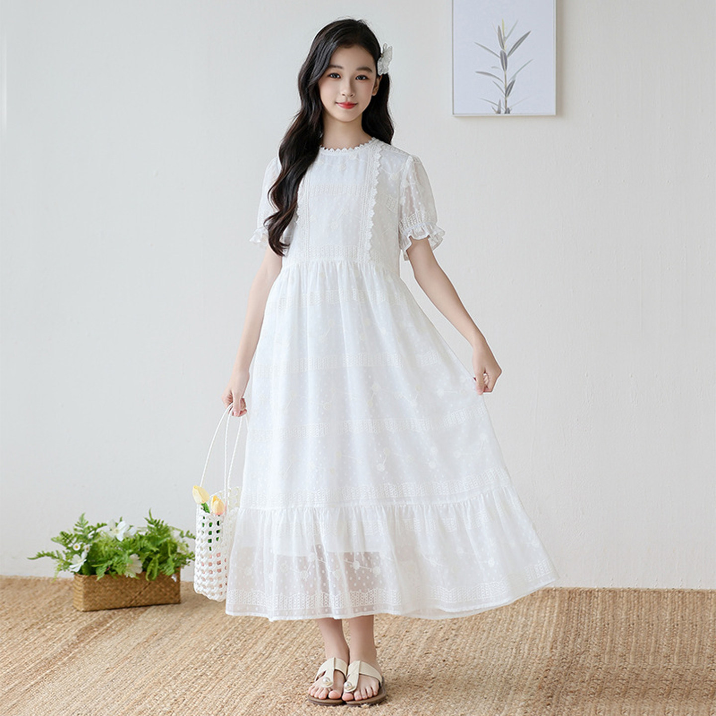 女童白色气质连衣裙夏季短袖刺绣雪纺长裙2026新儿童超仙蕾丝裙子