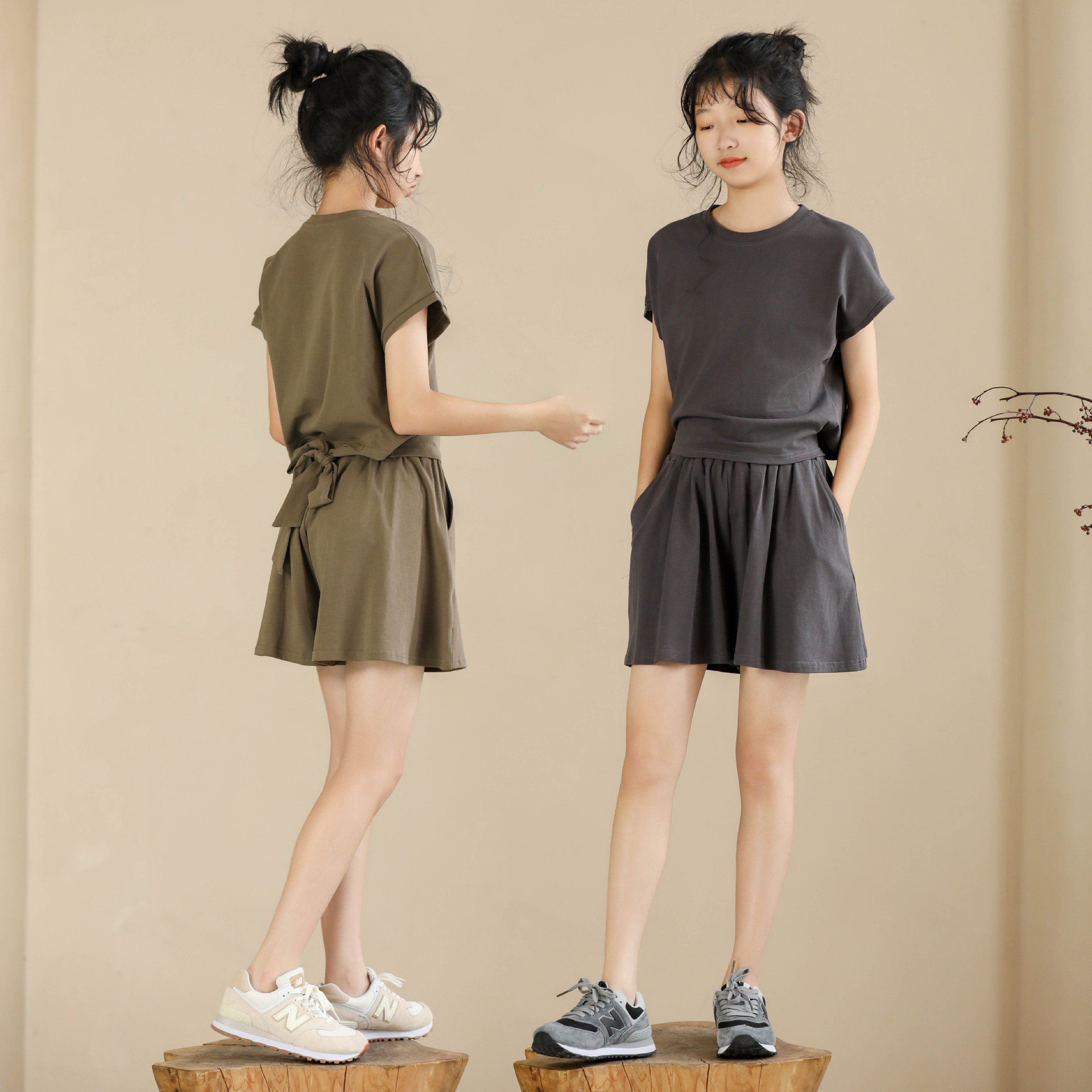 2025新款女童纯色后背系带短袖短裤套装夏季小个子休闲运动两件套