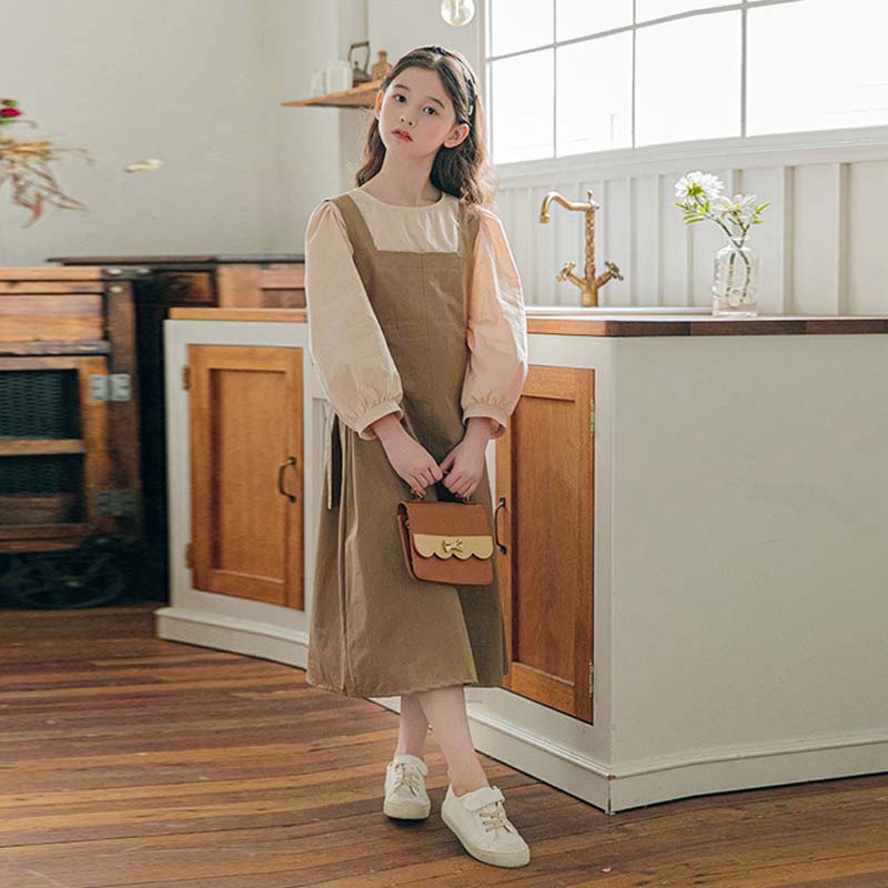 女童秋装复古日系工装背带连衣裙套装简约中大童泡泡袖衬衫两件套