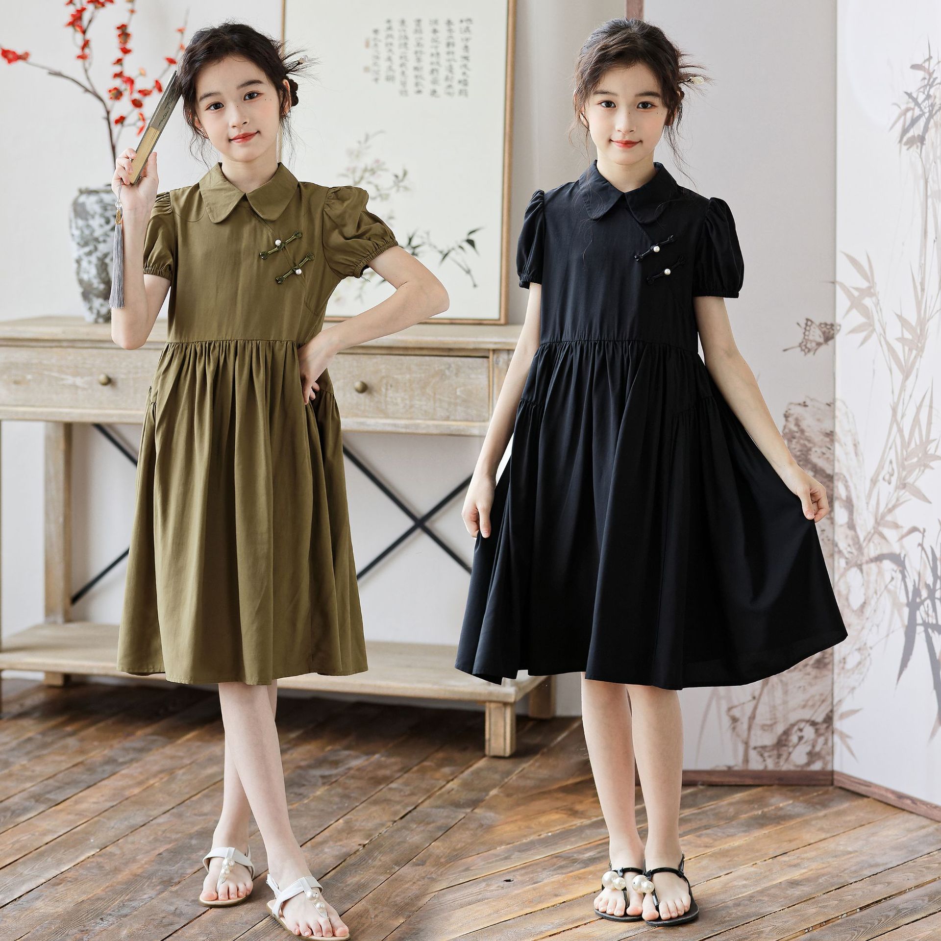 女童复古中式改良国风连衣裙森系短袖大摆裙子中大童夏季收腰童裙