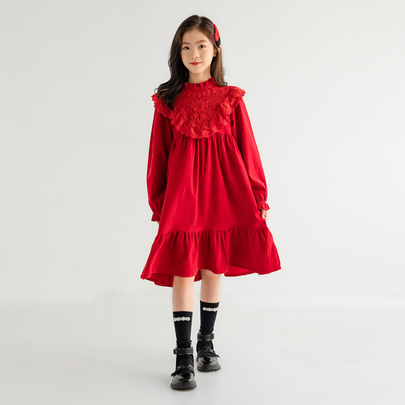 女童蕾丝公主裙2023春秋韩版女宝宝灯芯绒连衣裙春季纯色打底裙子