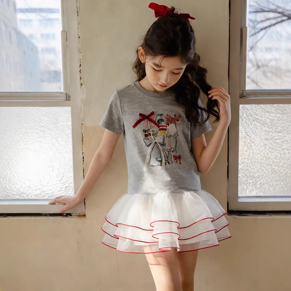 小女孩夏季圆领T拼接裙子2026新款韩版女童可爱蝴蝶结印花短裙潮
