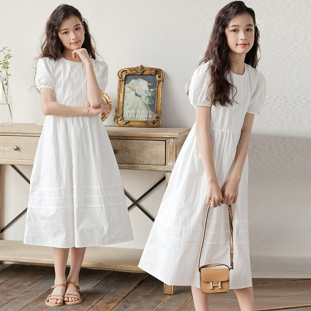 女童夏装白色连衣裙2025夏季短袖棉布裙子中大童泡泡袖蕾丝公主裙,童装/婴儿装/亲子装,连衣裙,淘宝优惠券,粉丝福利购,淘宝优惠卷