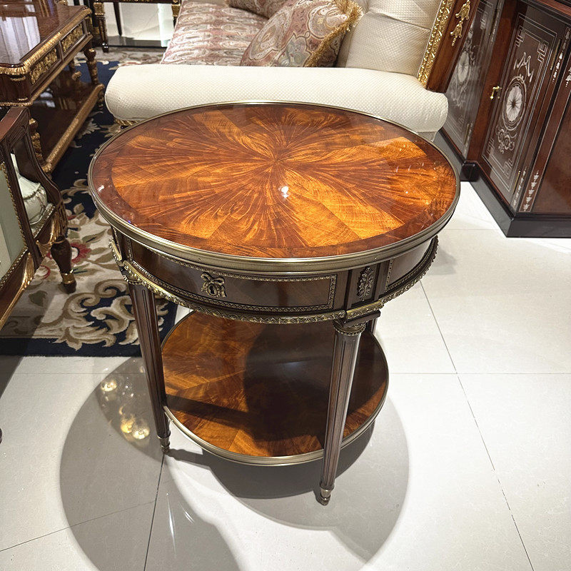 欧式实木角几客厅沙发边几圆形小茶几黄铜重工咖啡几小圆桌休闲桌