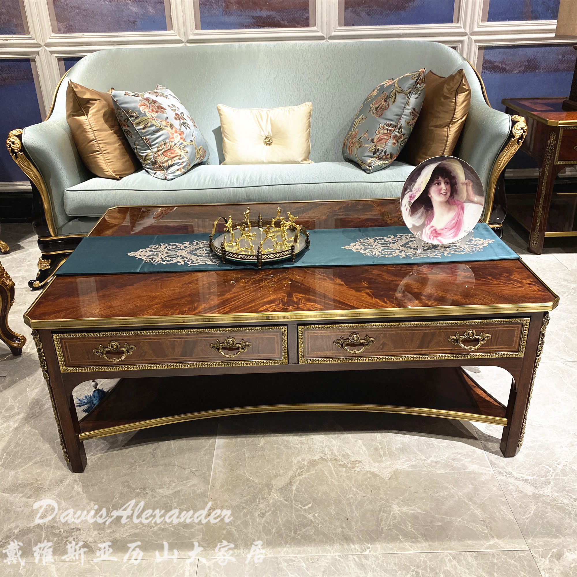 戴维斯亚历山大实木铜件储物茶台英式古典方形茶几欧式客厅茶水桌