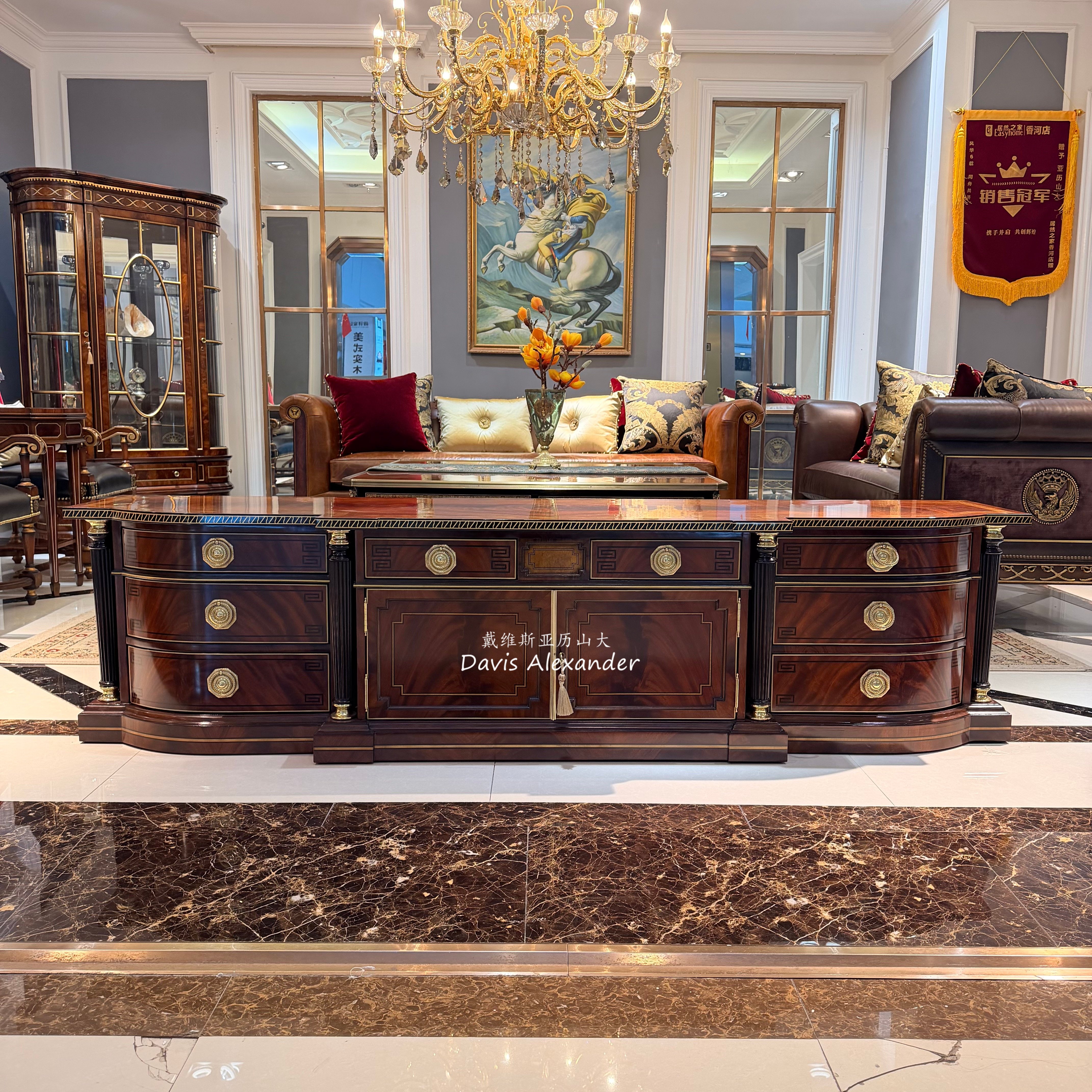 欧式奢华实木电视柜新古典客厅落地矮柜红木色铜饰雕花高端试听柜