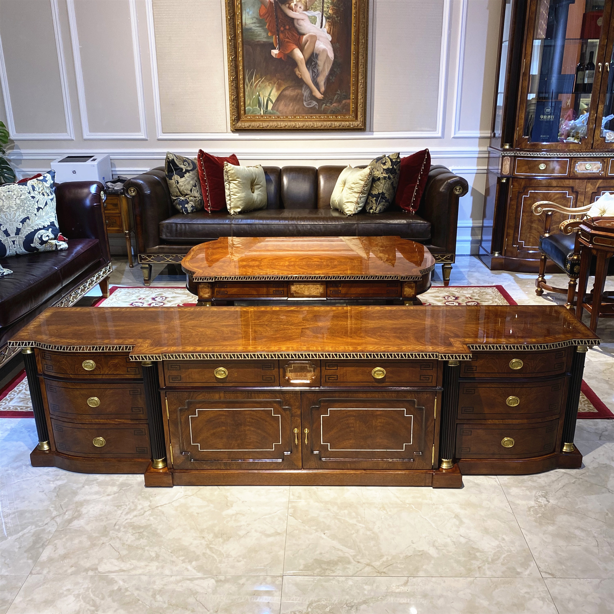 亚历山大欧式电视柜桃花心木客厅矮柜黄铜镶嵌储物视听柜家具包邮