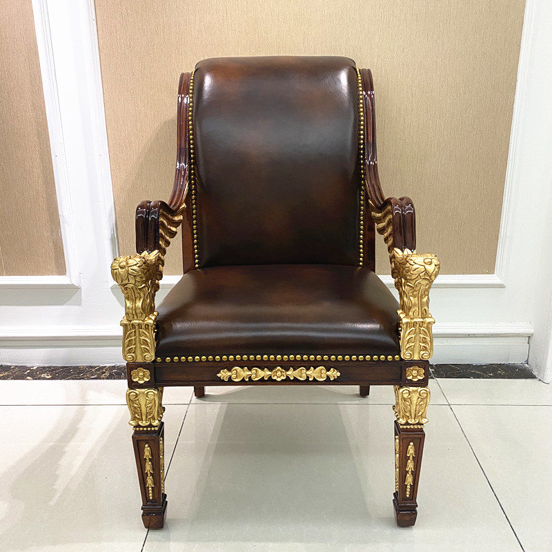 客厅欧式真皮沙发椅贴金箔实木椅子休闲椅别墅古典书椅单人老虎椅
