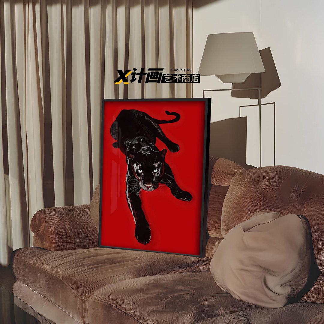 中古风黑豹时尚黑红小众微喷艺术纸画芯玄关客厅挂画铝合金装饰画图片