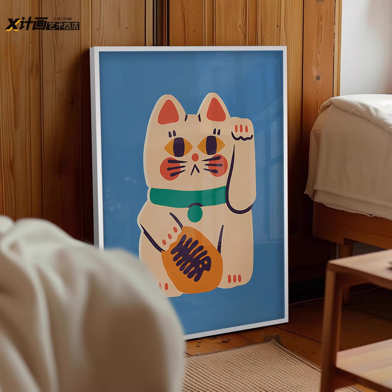 现代简约招财猫可爱插画小众微喷艺术纸画芯客厅挂画铝合金装饰画
