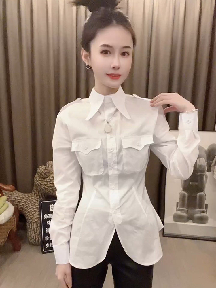 法式纯棉白色不规则翻领衬衫女春秋新款气质减龄收腰显瘦长袖上衣