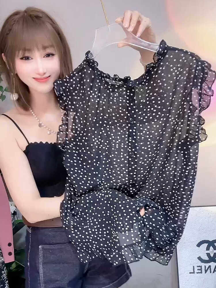 2024夏季新款波点微透花边领雪纺衫女洋气时尚显瘦无袖打底上衣潮