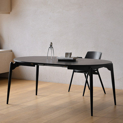 JOLOR北欧现代简约家用橡木小户型黑色实木折叠伸缩圆桌轻奢餐桌