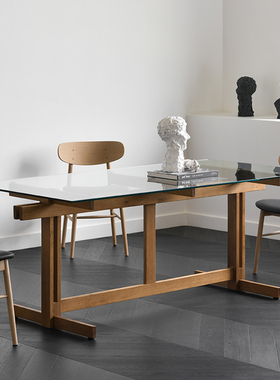 JOLOR现代简约实木书桌实木钢化玻璃桌面家用透明餐厅长方形餐桌