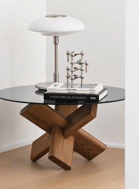 JOLOR进口现代北欧简约侘寂柚木实木玻璃茶几客厅圆形边几