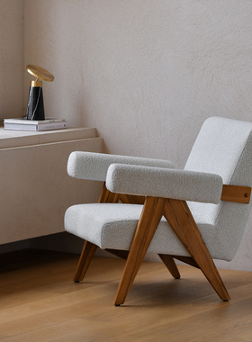 JOLOR北欧简约复古侘寂柚木实木昌迪加尔单人沙发椅洽谈休闲椅