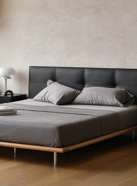 JOLOR北欧简约意式极简牛皮实木床真皮软包靠背现代轻奢双人大床